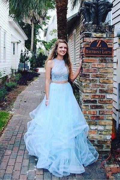 Two Pieces Prom Dress,Light Blue Prom Dresses,Tulle Prom Dress,2 Piece Prom Dress,Long Prom Gown,Prom Dress With Ruffles