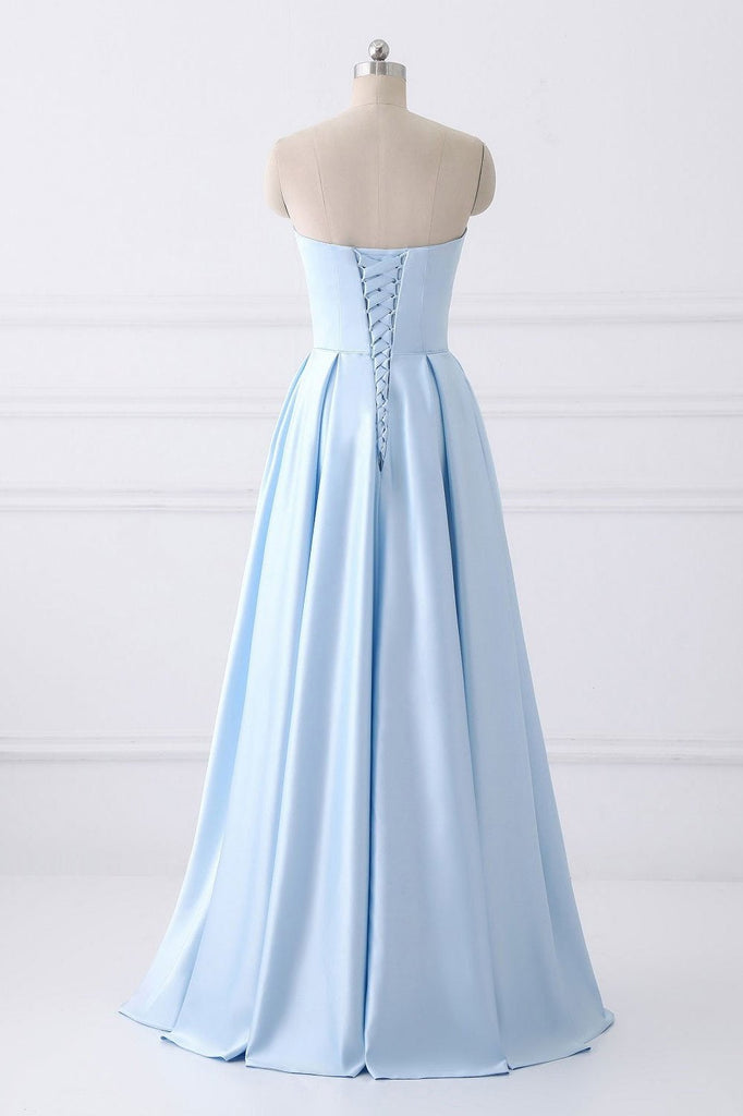 Simple A-line Strapless Long Crystal Light Blue Cheap Prom Dresses with Pocket IN669