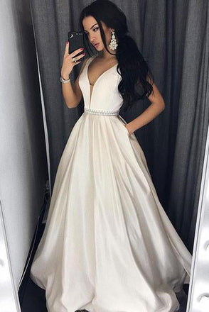 Sexy Deep V-Neck Ivory Long Prom Dress with Pockets,Formal Evening Dress IN577