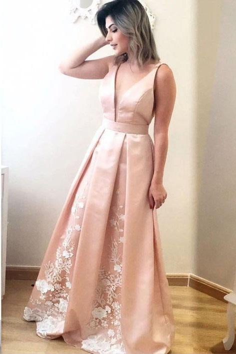 Elegant A Line Deep V Neck Long Satin Formal Evening Prom Dress With Lace ING2