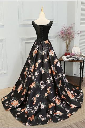 Stylish A Line Long Floral Printed Prom Dress,Formal Evening Dress IN831