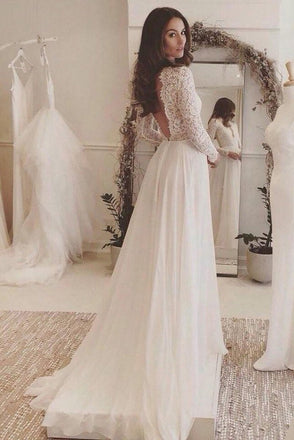 Off White Chiffon Long Sleeves Wedding Dress,Simple A Line V Neck Lace Prom Dress IN868
