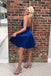 Royal Blue Simple Satin V Neck Straps Short Homecoming Dresses INB66