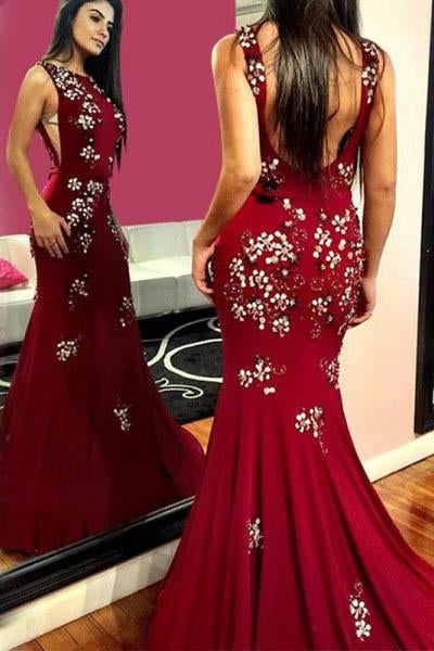 Elegant Burgundy Mermaid Backless Prom Dresses With Appliques INH22