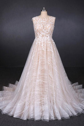 A Line Lace Sleeveless Elegant Wedding Dress, Backless Long Bridal Dresses INQ27
