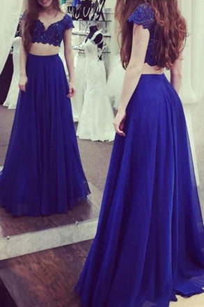 Charming Royal Blue Two Pieces Short Sleeves Lace Top Long Prom Dress INE63