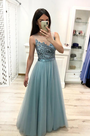 A Line Tulle Floor Length Prom Dresses Beaded Long Evening Dress INJ22