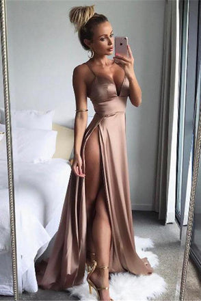 A Line Spaghetti Straps Sexy Slit Prom Dresses. Cheap Long Evening Dress INJ26