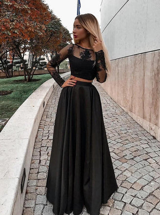 Two Piece Long Sleeve Floor-Length Black Prom Dress with Lace Appliques INJ13