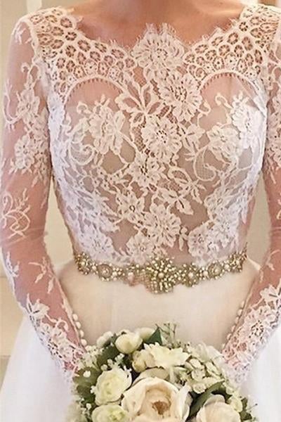 White A-line Long Sleeves Beading Lace Backless Court Train Wedding Dresses IN524