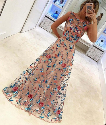 Unique Floral Embroidery Long A Line Prom Dress Evening Dress IN936