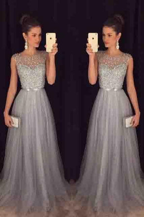 Elegant Gray Tulle Long A Line Prom Dress,Formal Party Dresses INE94