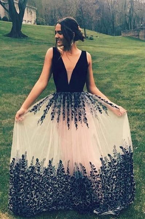 Charming V-Neck Long A Line Appliques Prom Dresses,Black Formal Evening Dress IN670
