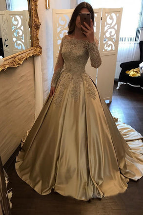  Satin Prom Dress,Ball Gown Prom Dress,Long Sleeve Bridal Gowns,Lace Prom Gown