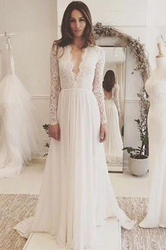 A Line Sexy V Neck Simple Satin Wedding Dress with Slit QW2530 – SQOSA
