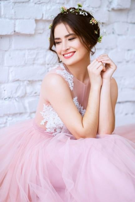New Arrival Pink Princess Tulle Floor-length Appliques Lace A Line Long Prom Dresses IN823