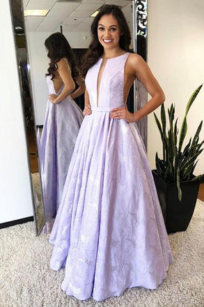 A-Line Floor-Length Lilac Printed Prom Dress, Simple Long Evening Dresses INJ12