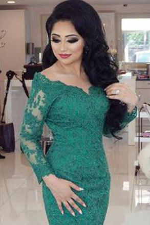 Elegant Long Sleeves V-neck Green Lace Mermaid Prom Dresses beautiful IN667