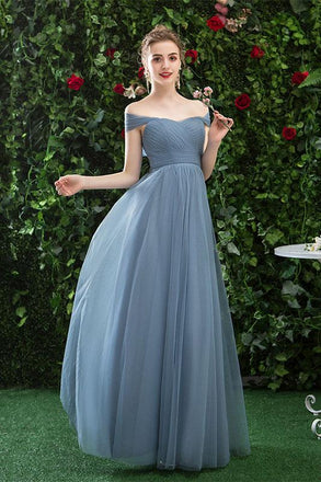 A Line CHiffon Blue Off the Shoulder Prom Dress, Long Bridesmaid Dresses INQ78