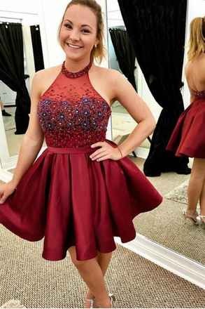 Burgundy Halter Sleeveless Backless A Line Homecoming Dresses INL81