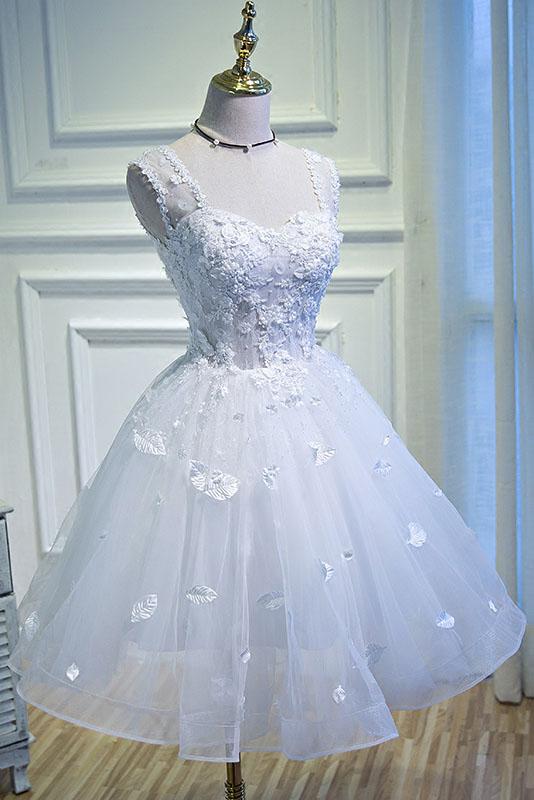 A Line Lace Appliques Homecoming Dresses, Short Sleeveless Prom Dress INN67