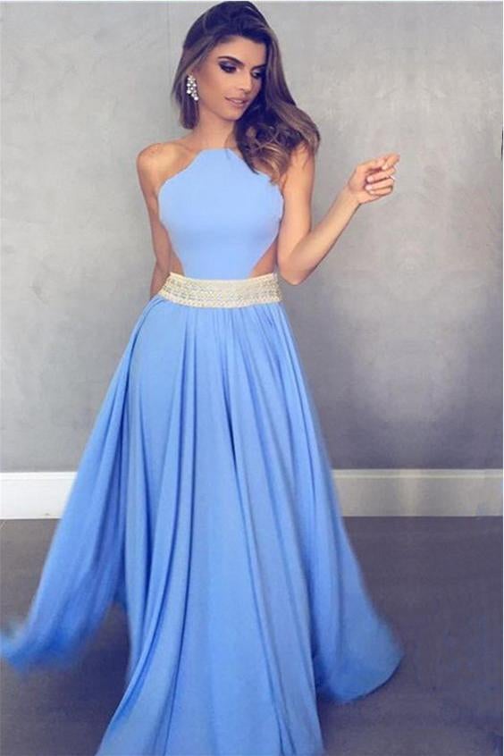 Unique Prom Dresses,Long Prom Dress,Blue Prom Dresses,Beaded Prom Dress,A Line Evening Dress
