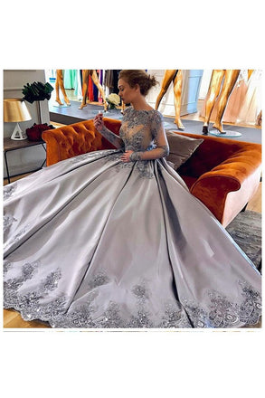 Elegant A-Line Bateau Long Sleeves Grey Satin Prom Dress with Appliques INF55