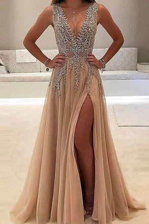 A-line V-neck Tulle Sexy Shinny Rhinestone Long Prom Dress With Slit INA89