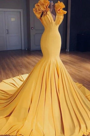 Charming Mermaid V-Neck Sleeveless Yellow Long Prom Dress with Ruffles INH3