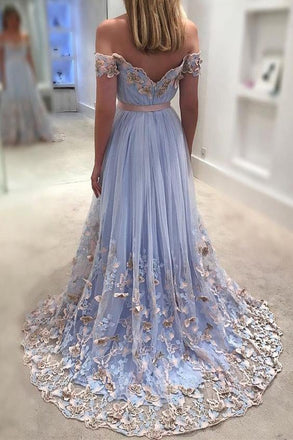 Light Blue Tulle Off The Shoulder Evening Gowns A Line Lace Appliques Prom Dress IN632