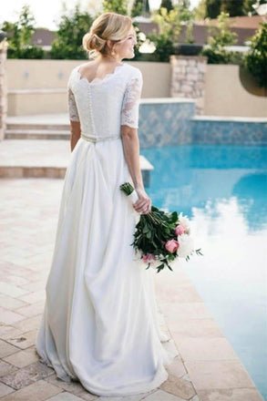 Lace A-Line Beading Ivory Half Sleeve Chiffon Long Wedding Dress IN597