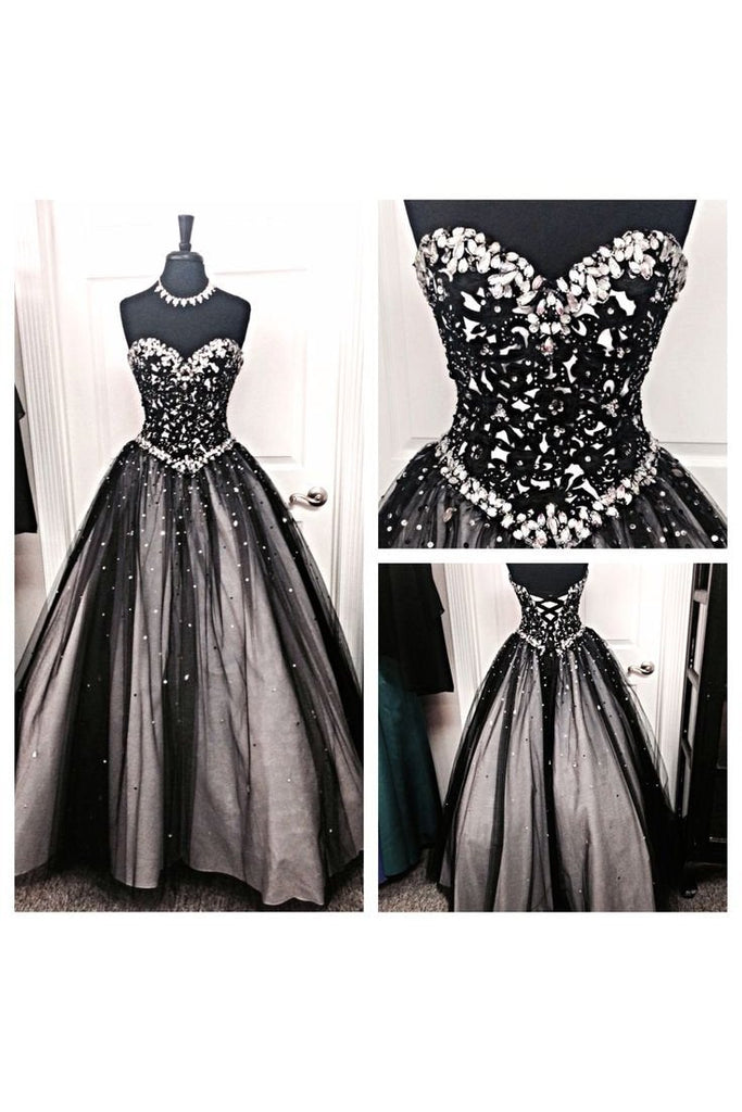 Black White Tulle Long Ball Gown Prom Dress,Sweetheart Beaded Bodice Quinceanera Dresses IN810