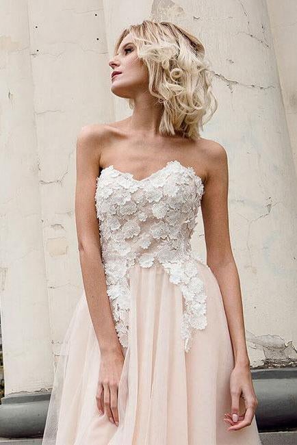 Beautiful A-Line Sweetheart Strapless Tulle Pearl Pink Long Prom Dress with Appliques IN679