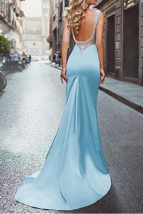 Amazing Beading Satin Scoop Mermaid Blue Long Prom Dress IN696