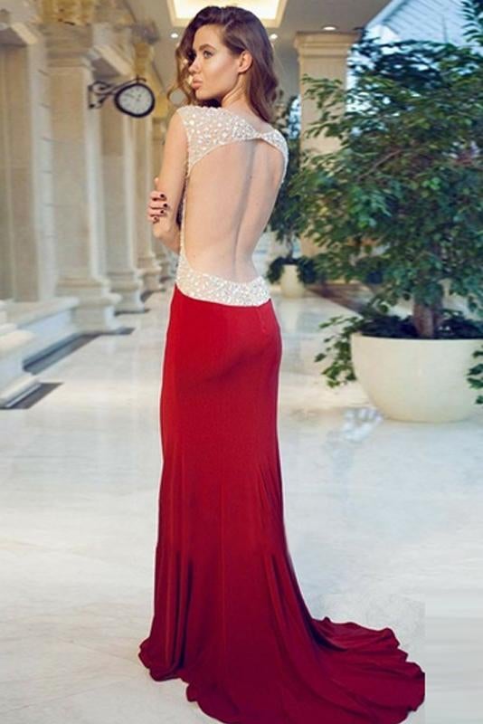 Sheath Red Cap Sleeve Sweetheart Front Slit Long Prom Dresses With Rhinestone IN754