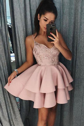 Cute Spaghetti Straps Pink Tiered A Line Short Homecoming Dresses INB16