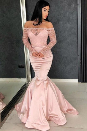 Off the Shoulder Long Sleeves Mermaid Lace Top Pink Long Prom Dresses ING37
