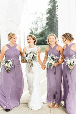 A-Line Floor-Length Lilac Chiffon Pleated Cheap Bridesmaid Dresses INS44