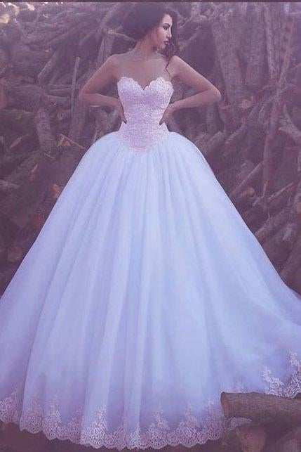 Ball Gown Sweetheart Floor-length Pink Lace Big White Wedding Dresses ING44