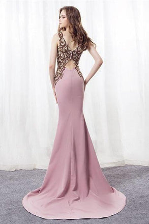 Elegant Mermaid Pink Sweep Train Bateau Long Prom Dress With Beading IN885