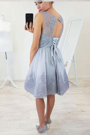 A-Line Round Neck Open Back Short Blue Homecoming Dress with Lace Appliques INB82
