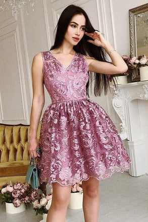 Unique A-Line V-Neck Short Purple Lace Homecoming Dress,Graduation Dresses INB01