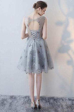 Unique A-line Scoop Grey Mini Tulle Sleeveless Homecoming Dresses INA73