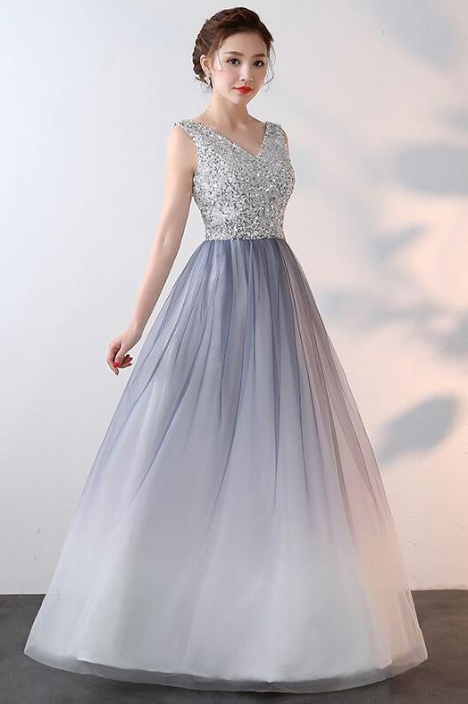 Unique Ombre Beaded A Line Long V Neck Sleeveless Prom Dress INA70