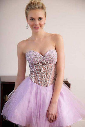 Cute A Line Sweetheart Tulle Pink Beading Homecoming Dresses INC38