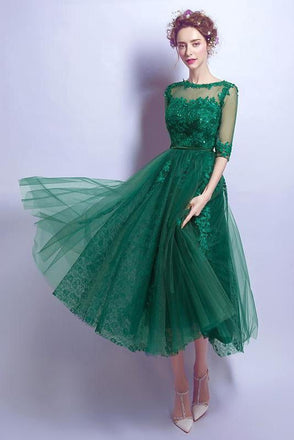 Dark Green Cheap Applique Lace Short Homecoming Dresses With Half Sleeves,Graduation Gowns INC20