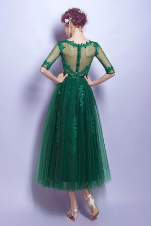 Dark Green Cheap Applique Lace Short Homecoming Dresses With Half Sleeves,Graduation Gowns INC20