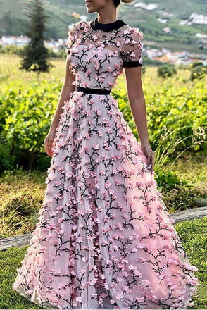Floral Long Short Sleeves Cheap Prom Dresses with Appliques INN12