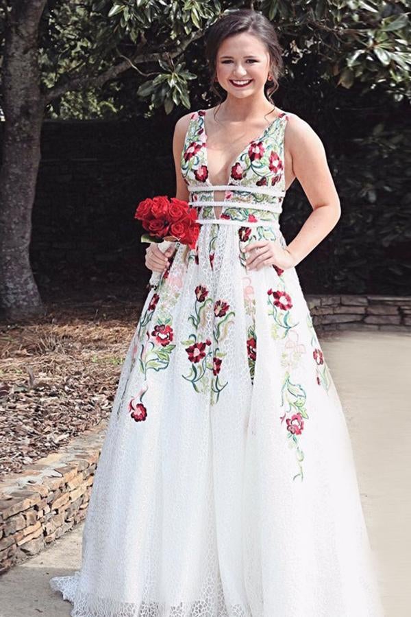 A Line V Neck Flower Appliques Prom Dresses, Long Evening Dresses ING76