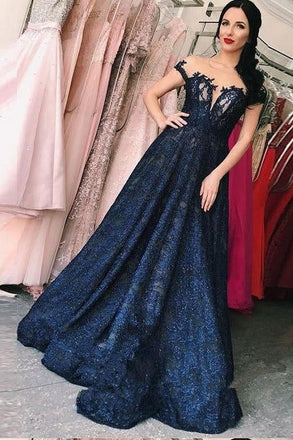 Lace A-line Dark Blue Long Prom Dress,V Neck Evening Dresses INE55